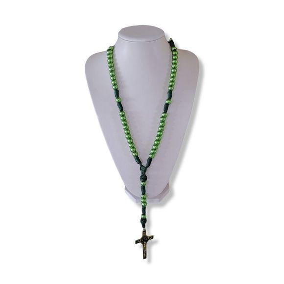 Round Green Beads Green Corded Celtic Rosary - Picture 2 of 6